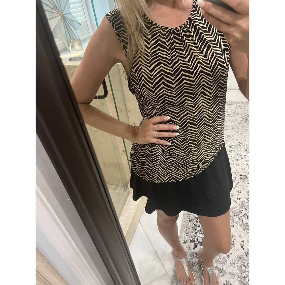 CHAPS Womens Tank Top XL Black Tan Chevron Zig Zag Jersey Knit Pleated Neck